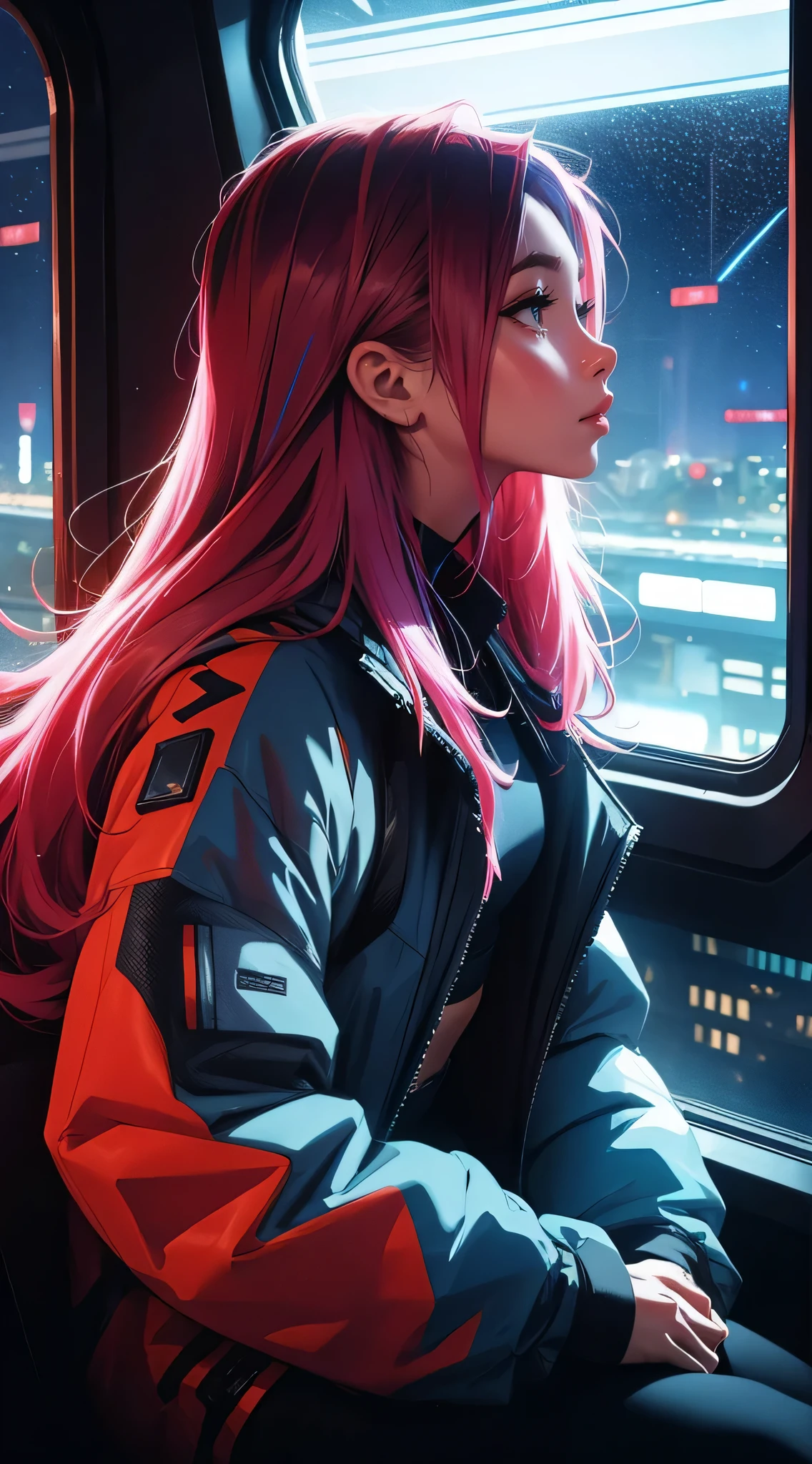 train du futur, cyberpunk, sitting by the window, pose pensives, Look at the stars, Head glued to the glass,
Landscape passing by at high speed, voyage de nuit, beautiful starry sky, Une belle fille avec,
UHD Portrait, (High quality) (ultra details) Spectator in tenue de ville hip-hop style. open jacket, crop top; different, colourfull, colored long hair 🌈
