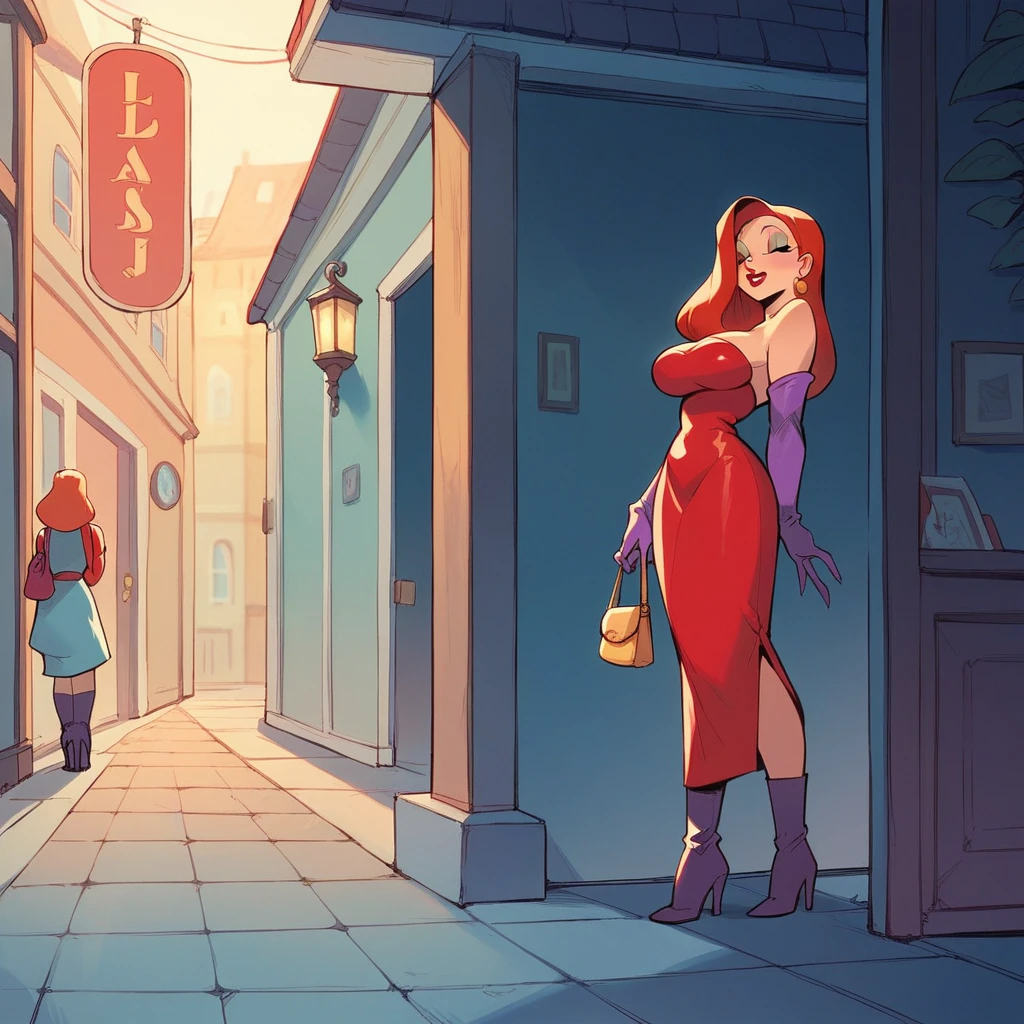 Jessica Rabbit is buying dresses, she has big tits and big ass, she is wearing a secretary uniform, mall