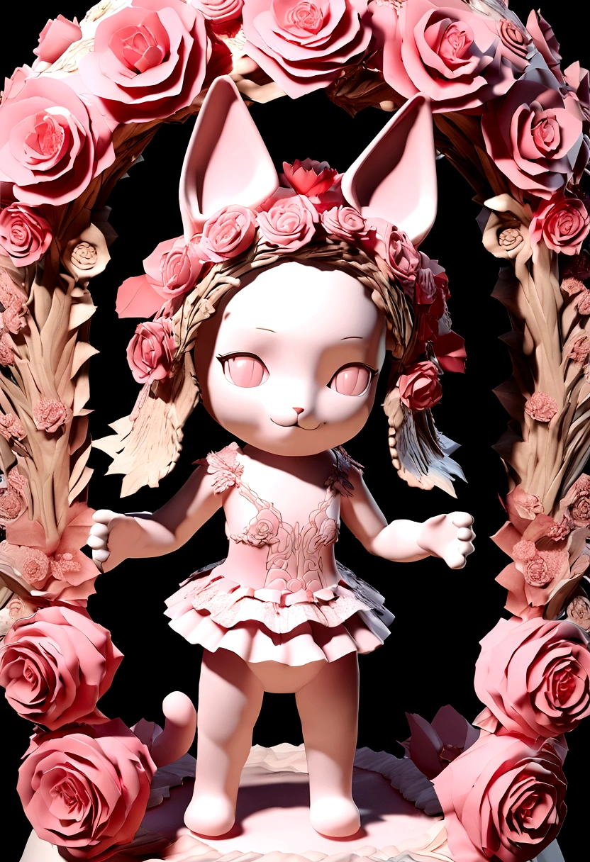 A kitten standing,Pink roses on both sides,Wearing a wreath,Smile,3d