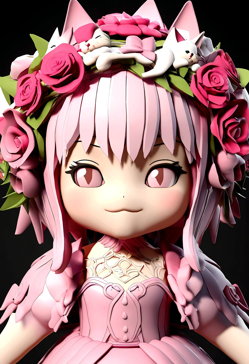 A kitten standing，Pink roses on both sides，Wearing a wreath，Smile，3d