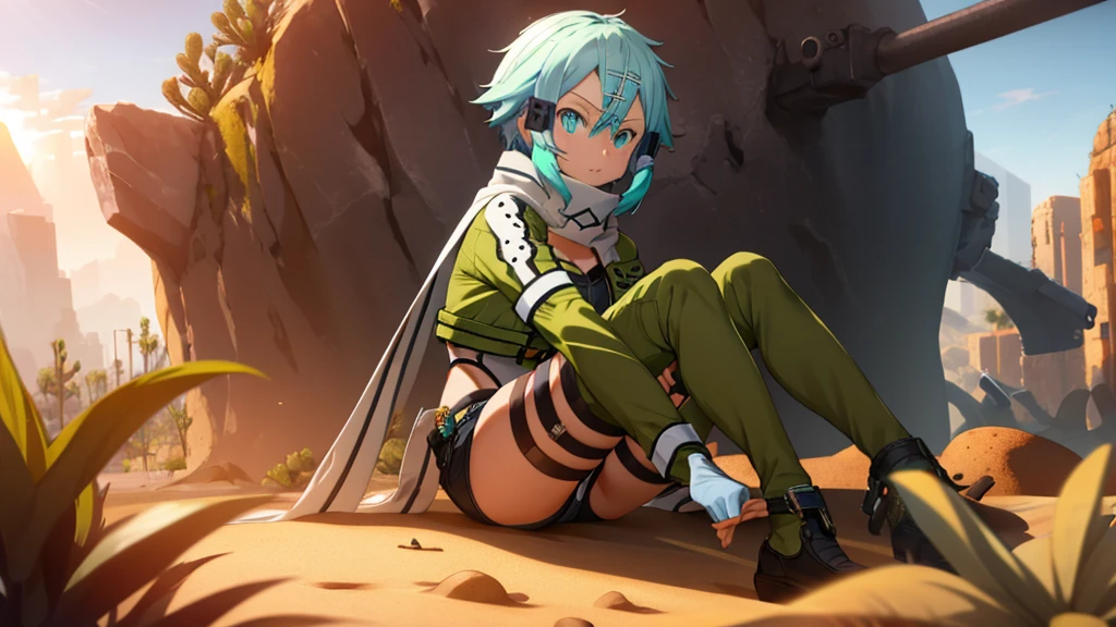 "masutepiece, Intricate details, Vibrant colors, (1 girl: 1.2), EPsoaSinon, (Wear a scarf and fingerless gloves, long sleeves, short shorts, hair ornament, hairclip, green thighhighs, green jacket, thigh strap, sinper), Attractive glowing light blue eyes, Background in the desert, cactus, sand, dust, hot sun rays, With incredible 8K resolution."