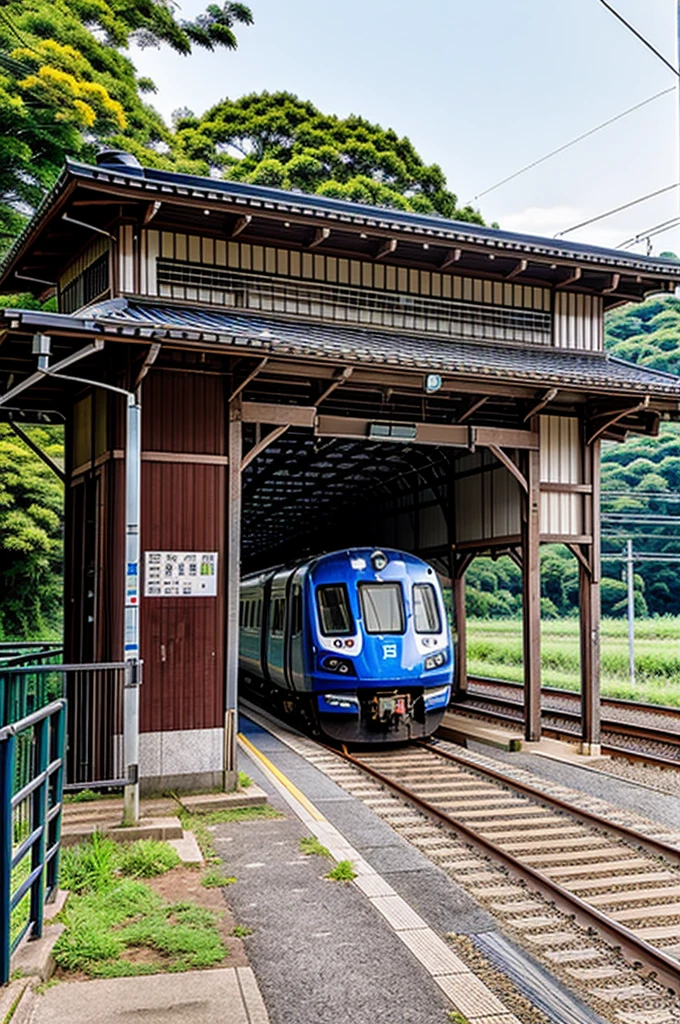 Rural Station、train、Bird's-eye view、Highest quality 8K, RAW photo, best quality, masterpiece, realistic, photo-realistic