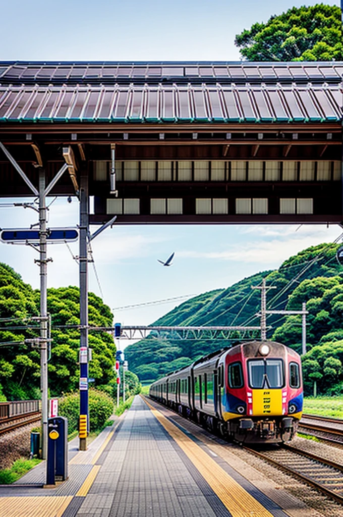 Rural Station、train、Bird&#39;s-eye view、Highest quality 8K, RAW photo, best quality, masterpiece, realistic, photo-realistic