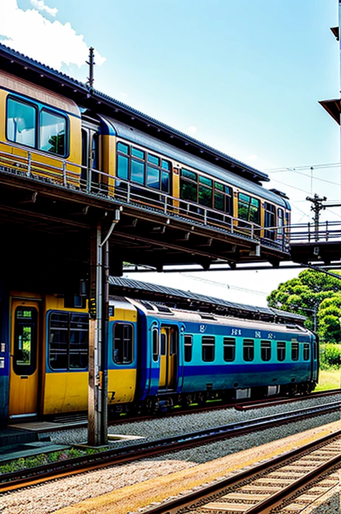 Rural Station、train、Bird's-eye view、Highest quality 8K, RAW photo, best quality, masterpiece, realistic, photo-realistic