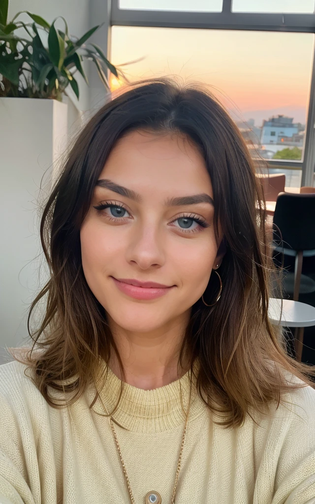 Cute beautiful blonde with yellow sweater (Drinking coffee in a modern café at sunset), muito detalhado, 14years old, innocent face, naturally wavy hair, blue eyes, high-res, masterpiece, best qulaity, Intricate detailing, muito detalhado, sharp focus, detailed skin, realistie Hauttextur, Textur, detailled eyes, professional, 4K, charming smile, taken with Canon, 85 mm, light depth of field, Kodak Vision Color, perfectly fitting body, extremely detail, photoshot_\(ultra\), fotorealisti, realisti, Post processing, maximum details, roughness, real life, ultrarealisti, photoshotrealismus, photoshotgrafie, 8K UHD, photoshotgrafie