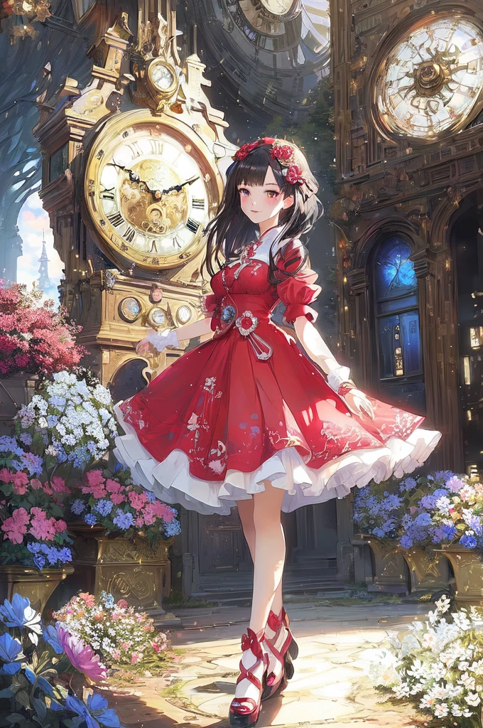 (Highest quality)(Masterpiece), anime girl in a red dress walking in front of a clock, cute anime waifu in a nice dress, splash art anime loli, loli in dress, beautiful fantasy anime, beautiful anime art, guweiz on pixiv artstation, cushart krenz key art feminine, anime style 4 k, rin tohsaka