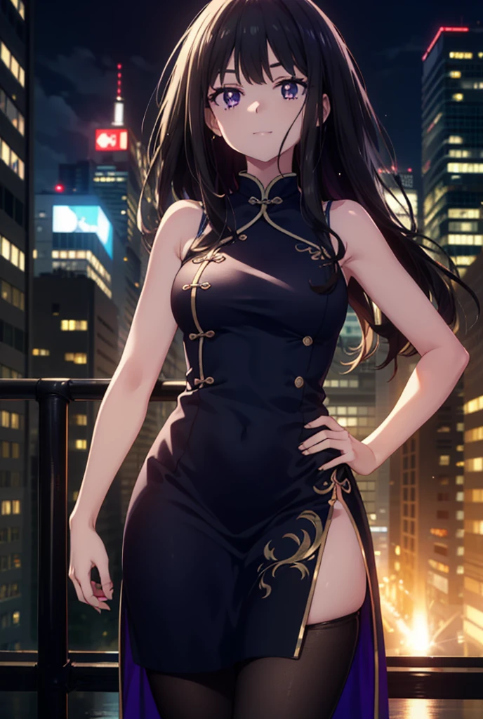 Takiuchi, Check it out, Long Hair, bangs, Black Hair, (Purple eyes:1.2),happy smile, smile, Close your mouth,Bossy,
Sleeveless blue Chinese dress,Blue long slit,Black pantyhose,Stiletto heels,whole bodyがイラストに入るように,Place your hands on your hips,
break outdoors,Building district,
break looking at viewer, whole body,
break (masterpiece:1.2), Highest quality, High resolution, unity 8k wallpaper, (shape:0.8), (Fine and beautiful eyes:1.6), Highly detailed face, Perfect lighting, Highly detailed CG, (Perfect hands, Perfect Anatomy),
break outdoors, city,
break looking at viewer, (Cowboy Shot:1.5),
break (masterpiece:1.2), Highest quality, High resolution, unity 8k wallpaper, (figure:0.8), (Beautiful attention to detail:1.6), Highly detailed face, Perfect lighting, Highly detailed CG, (Perfect hands, Perfect Anatomy),