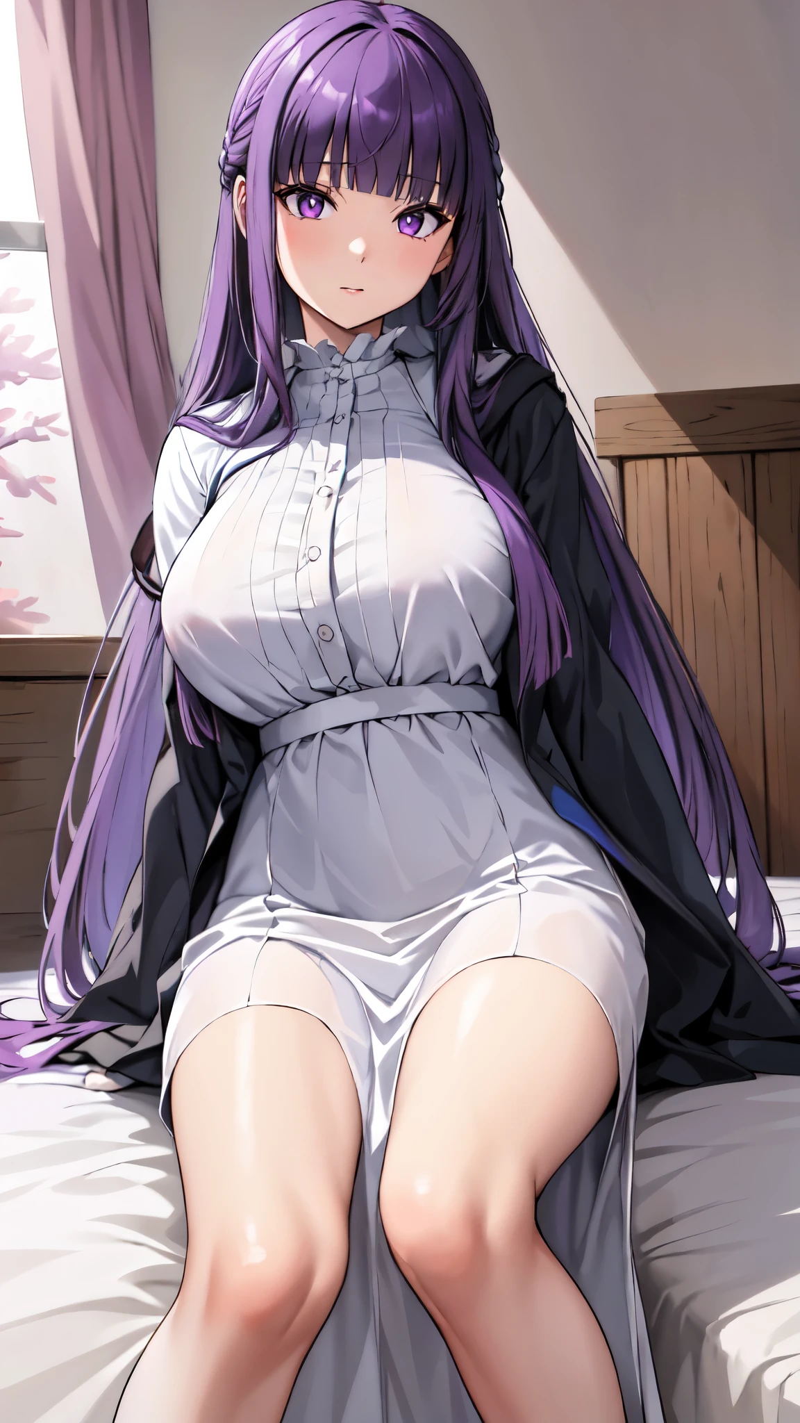 masterpiece, Highest quality, High resolution, Arfern, Long Hair, Purple Hair, Blunt bangs, Purple eyes, Large Breasts, Long dress, White Dress, Black Robe, Long sleeve, Sitting, Bedroom, Cowboy Shot,