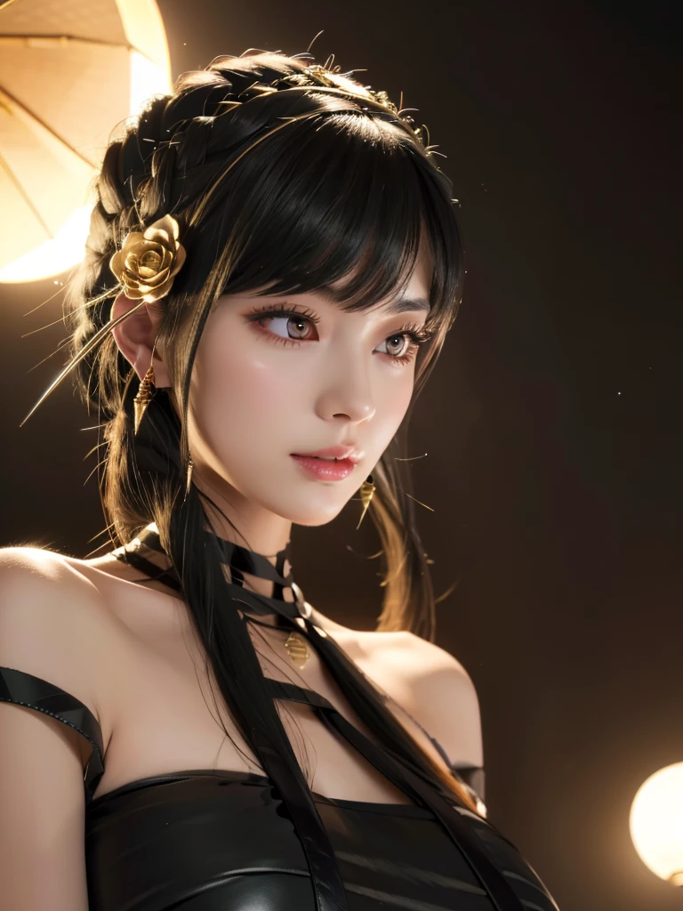 beautiful woman, narrow waist, perfect figure, beautiful eyes, long eyelashes, lustrous lips, perfect body, beautiful skin, (best quality,4K,8K,highres,masterpiece:1.2),ultra-detailed,(realistic,photorealistic,photo-realistic:1.37), cinematic scene, beautiful smile, fashion model, long chestnut hair, attractive clothing, beautiful ornaments、nice black dress、Full moon night sky、A posture that tempts you