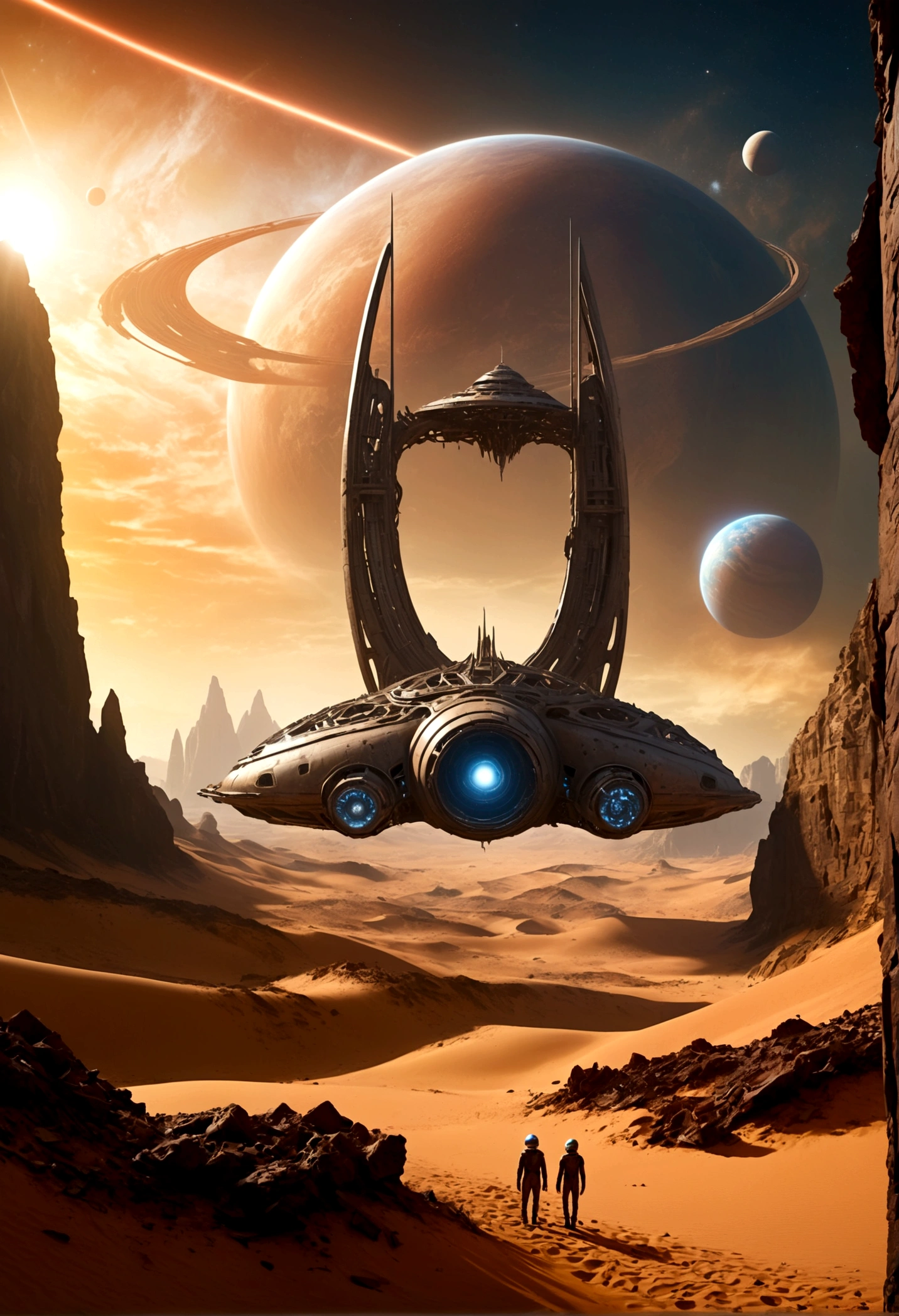 (In a valley surrounded by cliffs) ((The gate of the alien temple is in ruins) , (A giant, , The 300-meter-long spacecraft crashed and rusted, and was abandoned on the sand, crushed into dozens of pieces by time.))), Ultra-high-definition images，Ultra-realistic , It&#39;s hot, Dry Planet, 4K surrealism, light. There is little vegetation on other planets except Earth., partly cloudy，storm，cold, Sunset
