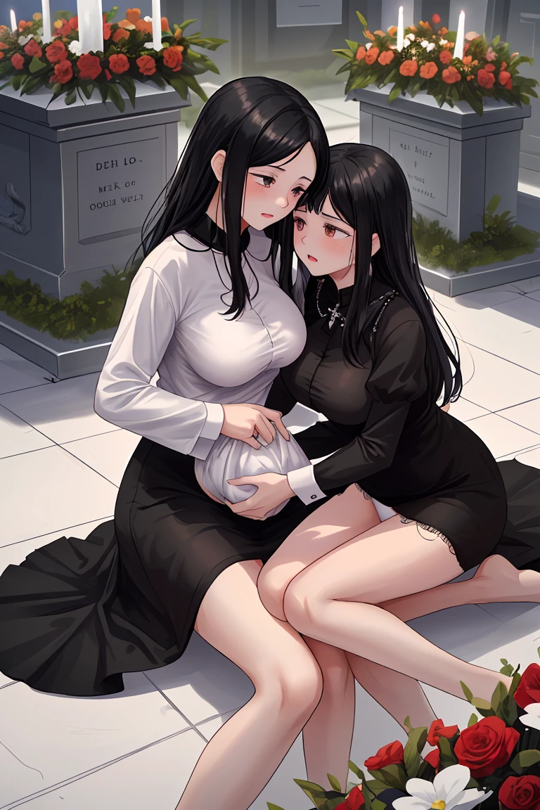 Beauty mother-in-law Black Hair Mother and daughter have beautiful breasts Both mother and daughter are wearing black mourning clothes funeral Association Death of husband Death of Father Both mother and daughter are grieving White panties