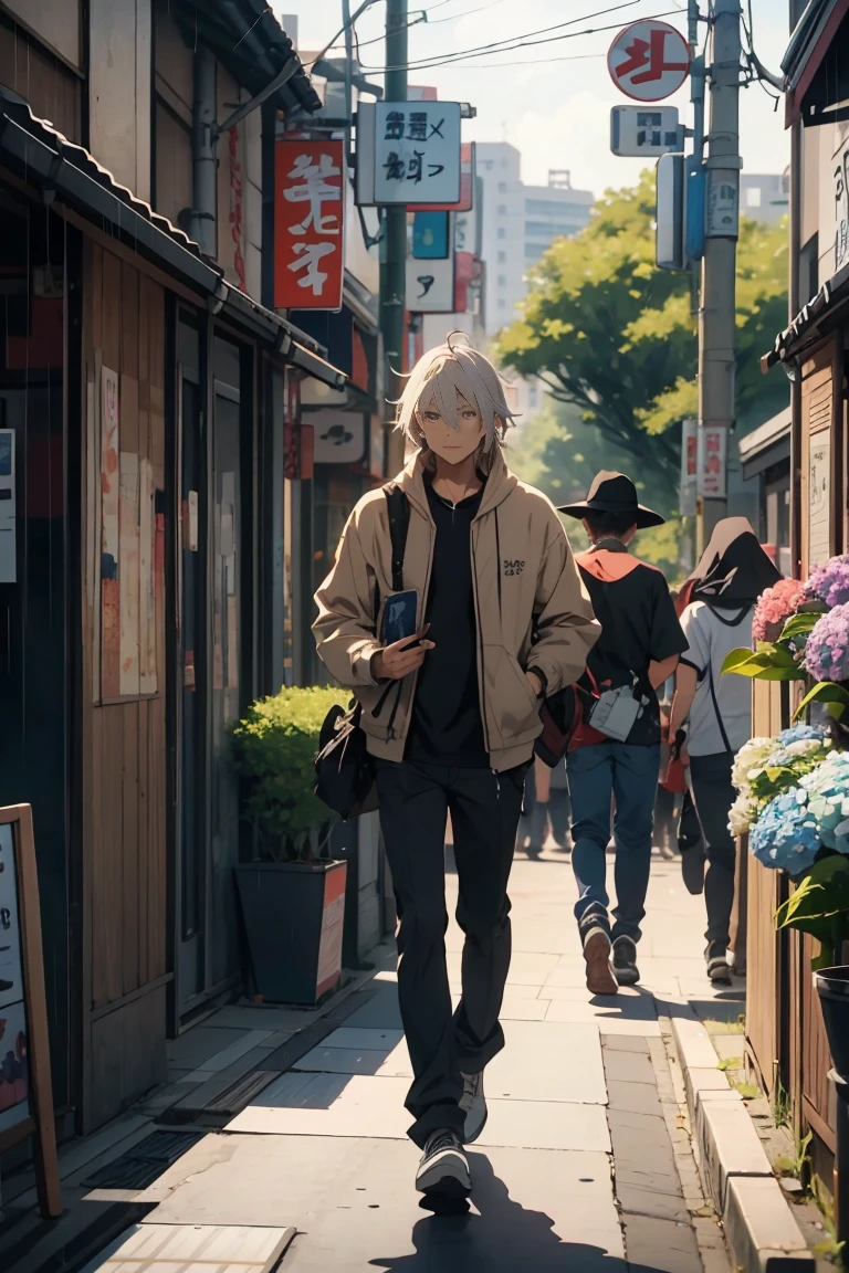 Anime Style,Men walk slowly through Tokyo, listening to the sound of rain. Colorful hydrangeas are blooming. They look like they're having a little fun., Ultra Detailed, High Detail, High Quality, Award Winning, Best Quality, High Resolution, 1080p, High Definition, 4K, 8k, 16K