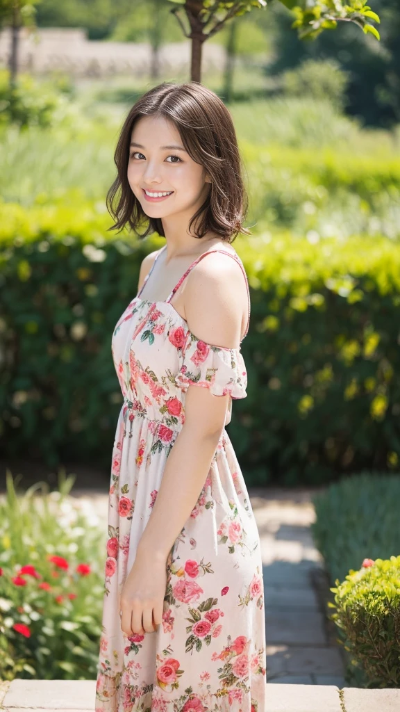 masterpiece, highest quality, disorganized, perfect anatomy, 1 girl, alone, pascal tales, short hair, beautiful, Hilarious, sunny day, botanical garden, Summer winds, sundress, Floral, wavy hair, smile