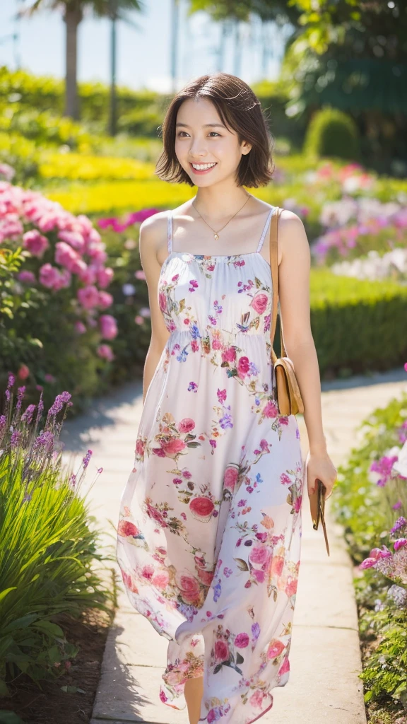 masterpiece, highest quality, disorganized, perfect anatomy, 1 girl, alone, pascal tales, short hair, beautiful, Hilarious, sunny day, botanical garden, Summer winds, sundress, Floral, wavy hair, smile