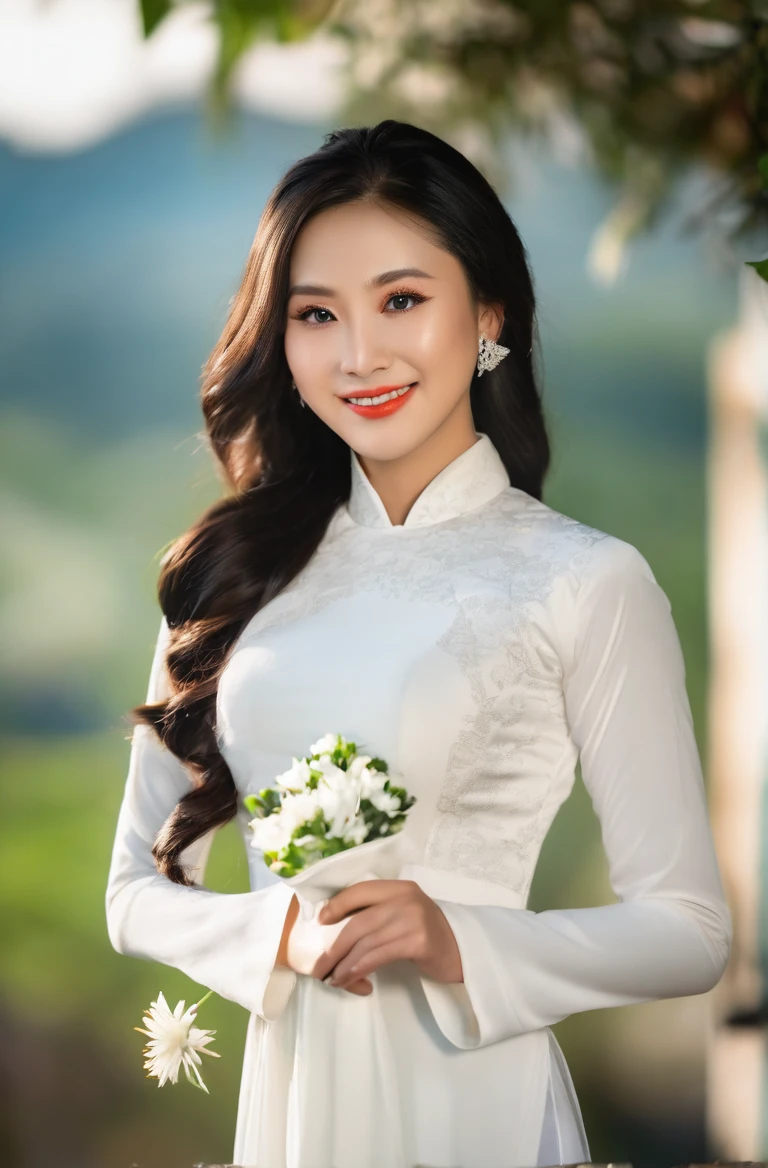 (Masterpiece, best quality, ultra realistic,32k, RAW photo, detail skin, 8k uhd, dslr, high quality, film grain:1.5),1girl, white ao dai, pants, portrait, long hair, looking at viewer, smile, black hair, long sleeves, dress, jewelry, standing, flower, earrings, outdoors, white dress, blurry, black eyes, blurry background, realistic, cinematic