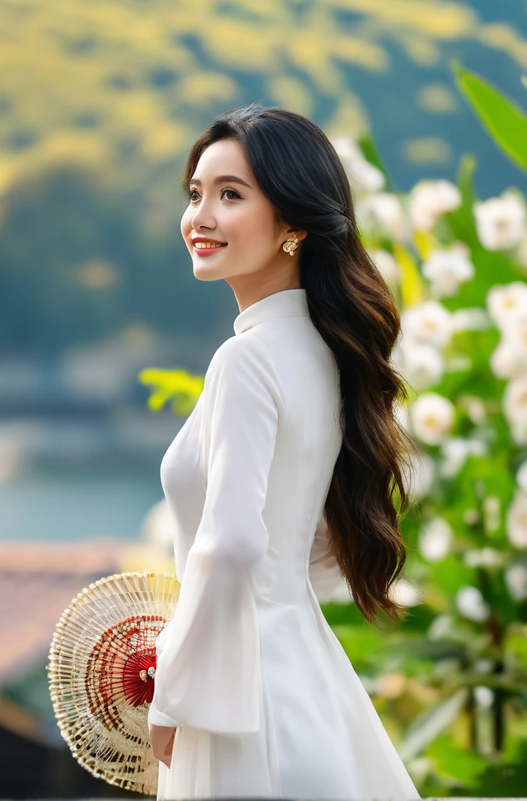 (Masterpiece, best quality, ultra realistic,32k, RAW photo, detail skin, 8k uhd, dslr, high quality, film grain:1.5),1girl, white ao dai, pants, portrait, long hair, looking at viewer, smile, black hair, long sleeves, dress, jewelry, standing, flower, earrings, outdoors, white dress, blurry, black eyes, blurry background, realistic, cinematic