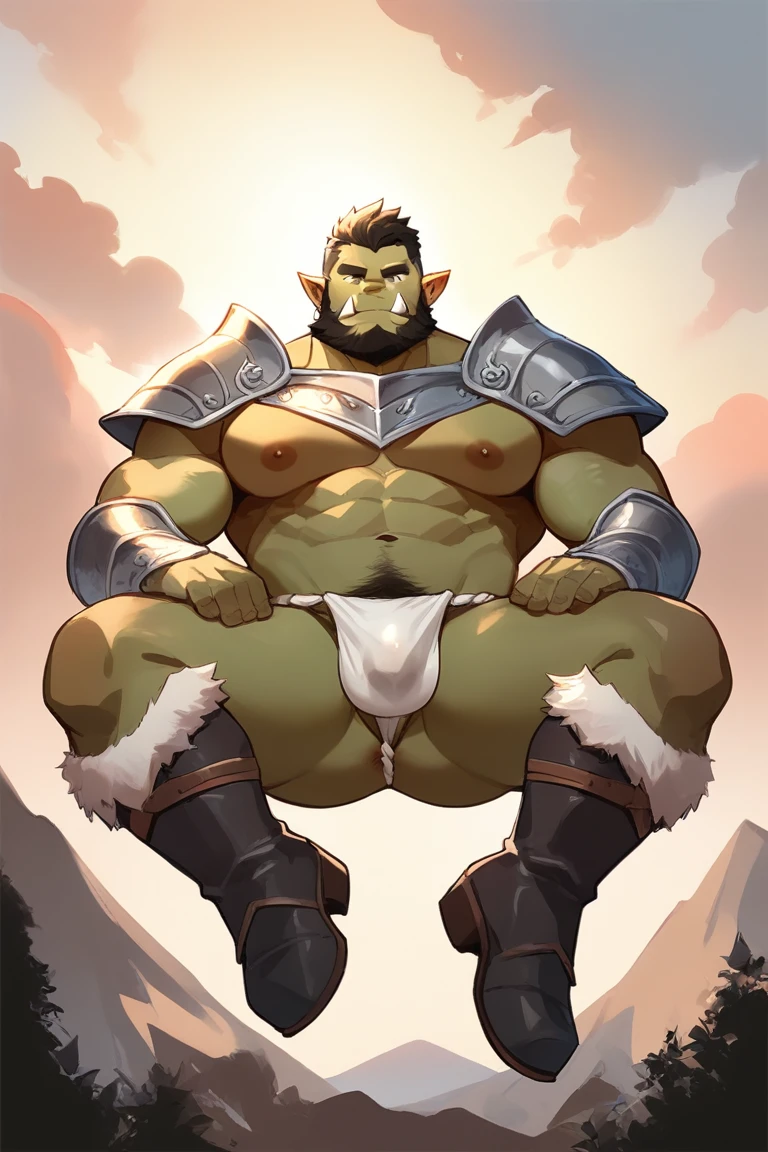 score_9, score_8_up, score_7_up, solo, male focus, bulk male, orc, green skin, tusks, beard, outdoors, micro armor , shoulder armor, breastplate, upper body, closed mouth, pauldrons, day , day sky , boots , (micro fundoshi) , full body , black boots , laying spreadlegs , legs up , massive asshole