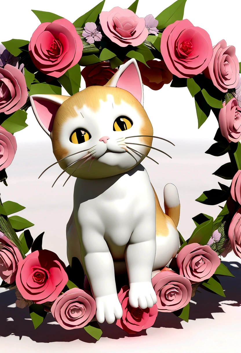 A kitten sitting，Pink roses on both sides，Wearing a wreath，3d
