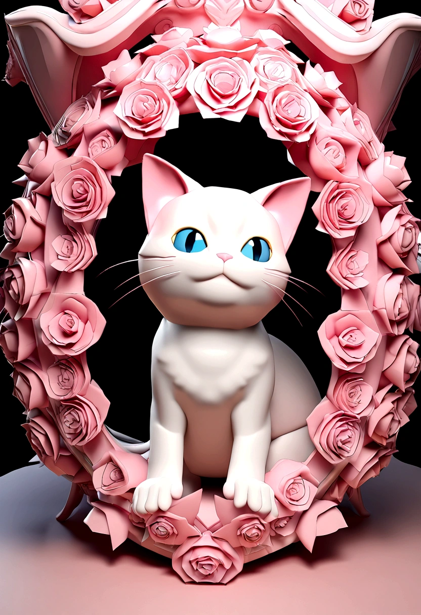 A kitten sitting,Pink roses on both sides,Wearing a wreath,3d