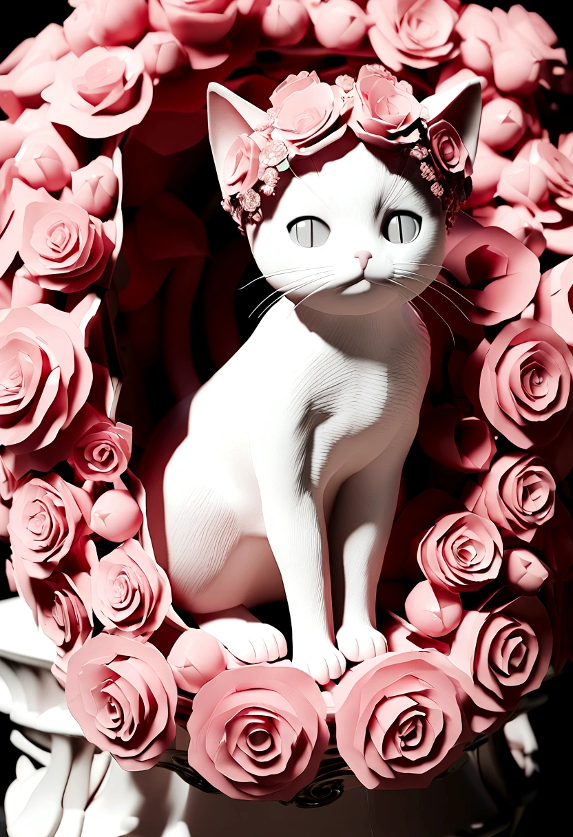 A kitten sitting,Pink roses on both sides,Wearing a wreath,3d