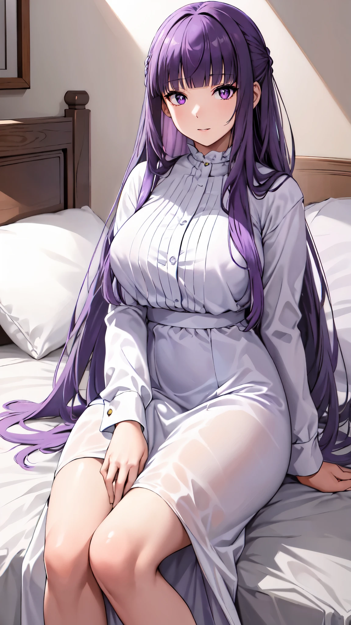 masterpiece, Highest quality, High resolution, Arfern, Long Hair, Purple Hair, Blunt bangs, Purple eyes, Large Breasts, Long dress, White Dress, Long sleeve, Sitting,arms behind head, Bedroom, Cowboy Shot,