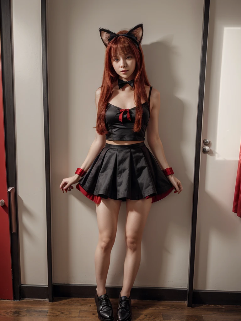 A girl,Red long hair,Red cat ears,Red eyes,Red sleeveless top,Black skirt,Black bow tie around neck,Black shoes,joy,cute