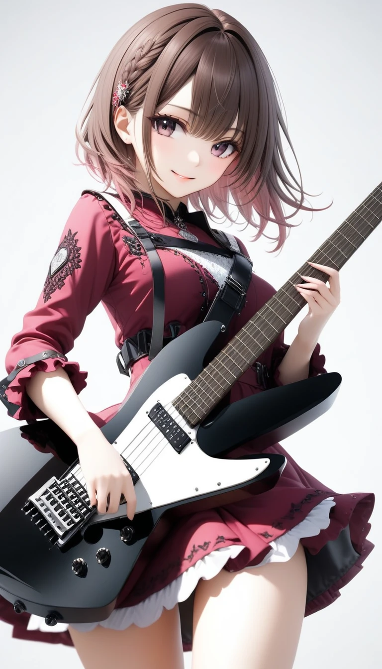 (((White background:1.2)))、(((The entire guitar is visible:1.5))),((masterpiece、Ultra HD、Masterpiece、4K)))、Perfect Style、Playing a white electric guitar、Scandinavian Gothic Metal Girl, Intense gaze into the camera, Intricate details, Highly detailed eyes, Brown bob hair、Pink Gothic Dress, Intricate details、smile、mini skirt、Dynamic Movement、(((The entire guitar is visible:1.5)))