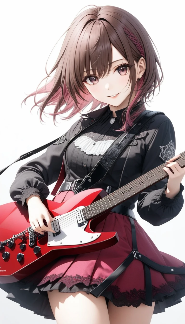(((White background:1.2)))、(((The entire guitar is visible:1.5))),((masterpiece、Ultra HD、Masterpiece、4K)))、Perfect Style、Playing a white electric guitar、Scandinavian Gothic Metal Girl, Intense gaze into the camera, Intricate details, Highly detailed eyes, Brown bob hair、Pink Gothic Dress, Intricate details、smile、mini skirt、Dynamic Movement、(((The entire guitar is visible:1.5)))