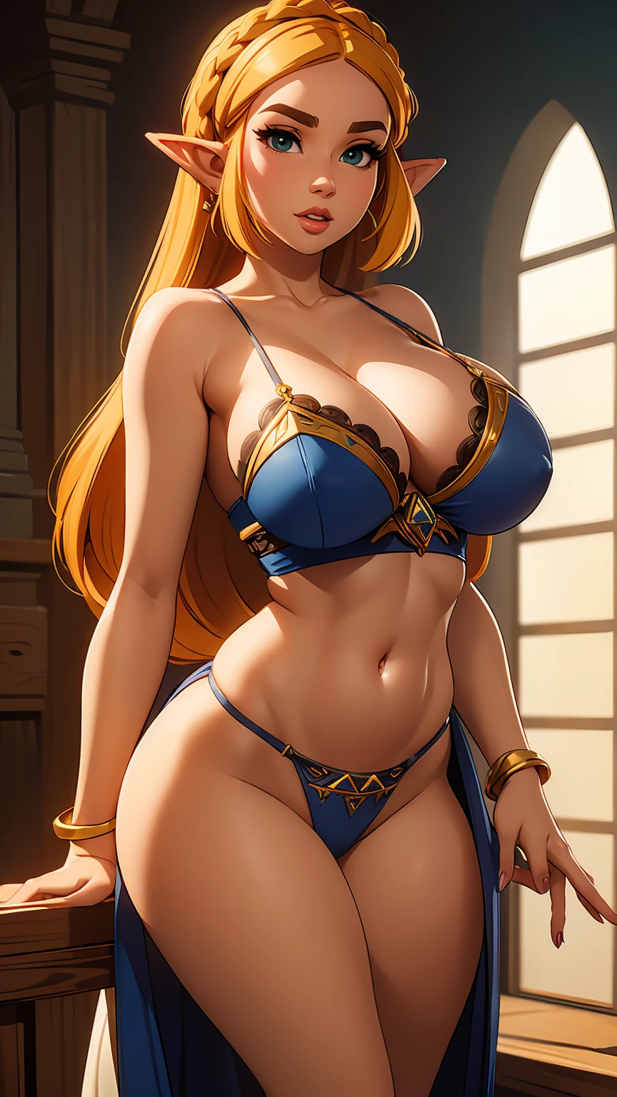 ((masterpiece)), ((best quality)), (detailed), perfect, solo, zelda, gorgeous woman, luscious lips, long hair, huge breast, deep cleavage, huge breasts, sexy, gothic lingerie 