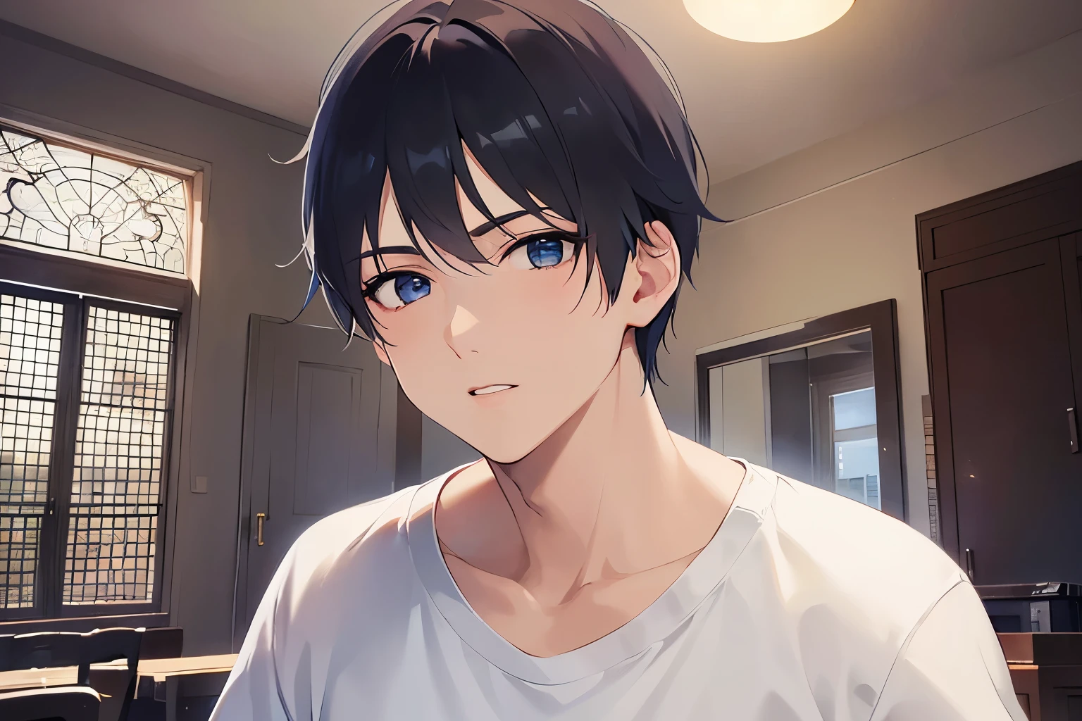  upper body、shiny skin, masterpiece、Highest quality、(25-year-old male:1.5) and (Black short hair) and (blue eyes), White T-shirt、Are standing、confused、The background is the living room、alone