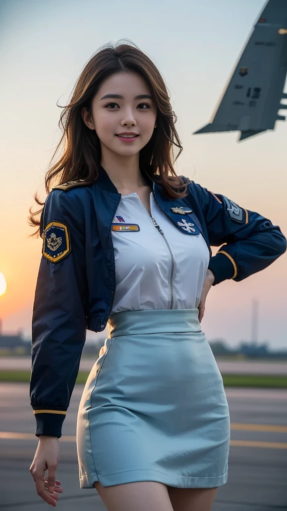 (highest quality, 8K, 32k, masterpiece, uhd:1.2), (realistic:1.5), (masterpiece, Highly detailed CG Unity 8K wallpaper, highest quality, High resolution:1.2), (Super detailed, uhd:1.2), Photo of extremely cute and beautiful Japanese woman, (Long wavy chestnut hair:1.2), adult, (detailed beautiful girl:1.4), highest quality, woman, adult, (Detailed US Air Force Pilot Uniform:1.5), (Pilot Captain Jacket:1.3), (High waist pencil mini skirt:1.3), (Beautiful sunset us air force base runway view background:1.2), (A-10、F-18、air force plane and Myanmar National Flag)laugh shyly:1, looking at the viewer, towards the audience, ((Perfect woman's body)), (tight waist:1.2), (Image of the whole body from the knees up:1.3), thin, abs, (beautiful breasts:1.25), assemble the head, wind, dynamic pose, cinematic light, Backlight, fine clothes, perfect anatomy, perfect proportions, detailed human body, Stylish model in sexy pose,soft expression、smile、Sexy slit thighs and beautiful legs、A sneak peek of abs、A glimpse of her no underwear , Besides have a Myanmar National Flag and Myanmar Airplane.