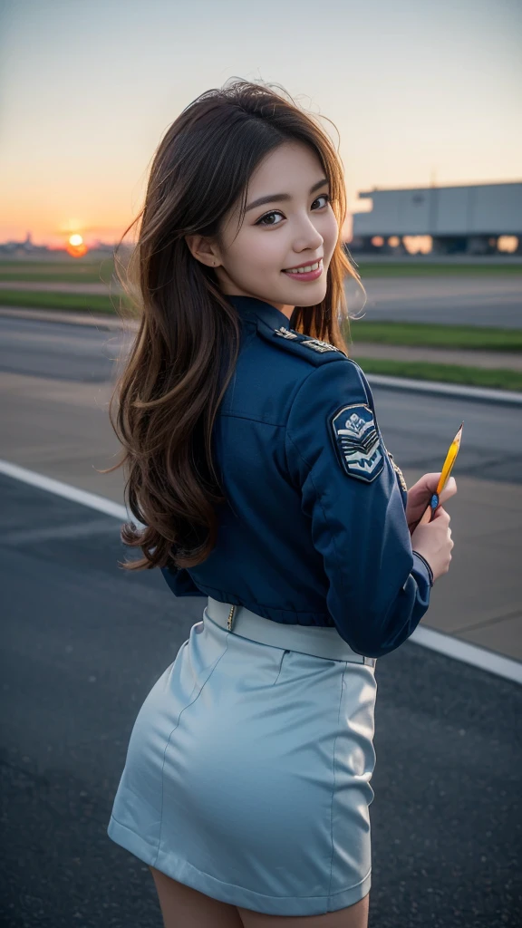 (highest quality, 8K, 32k, masterpiece, uhd:1.2), (realistic:1.5), (masterpiece, Highly detailed CG Unity 8K wallpaper, highest quality, High resolution:1.2), (Super detailed, uhd:1.2), Photo of extremely cute and beautiful Japanese woman, (Long wavy chestnut hair:1.2), adult, (detailed beautiful girl:1.4), highest quality, woman, adult, (Detailed US Air Force Pilot Uniform:1.5), (Pilot Captain Jacket:1.3), (High waist pencil mini skirt:1.3), (Beautiful sunset us air force base runway view background:1.2), (A-10、F-18、air force plane and Myanmar National Flag)laugh shyly:1, looking at the viewer, towards the audience, ((Perfect woman's body)), (tight waist:1.2), (Image of the whole body from the knees up:1.3), thin, abs, (beautiful breasts:1.25), assemble the head, wind, dynamic pose, cinematic light, Backlight, fine clothes, perfect anatomy, perfect proportions, detailed human body, Stylish model in sexy pose,soft expression、smile、Sexy slit thighs and beautiful legs、A sneak peek of abs、A glimpse of her no underwear , Besides have a Myanmar National Flag and Myanmar Airplane.