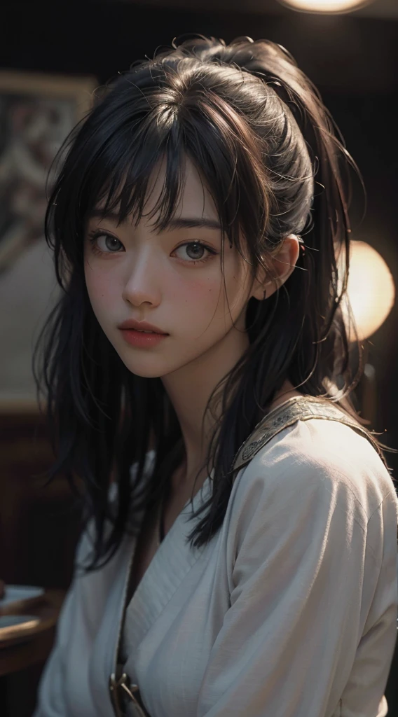 (RAW Photos, Highest quality), (Realistic, photo-Realistic:1.3),Highest quality,Very detailed,masterpiece,Super detailed,figure,One girl,upper_body,Dynamic Angle,world masterpiece theater,Messy_length_hair,Highest quality,Very detailed CG ユニティ 8k 壁紙,ink,wonderful,Cinema Lighting,lens_Flare, Dunhuang_style