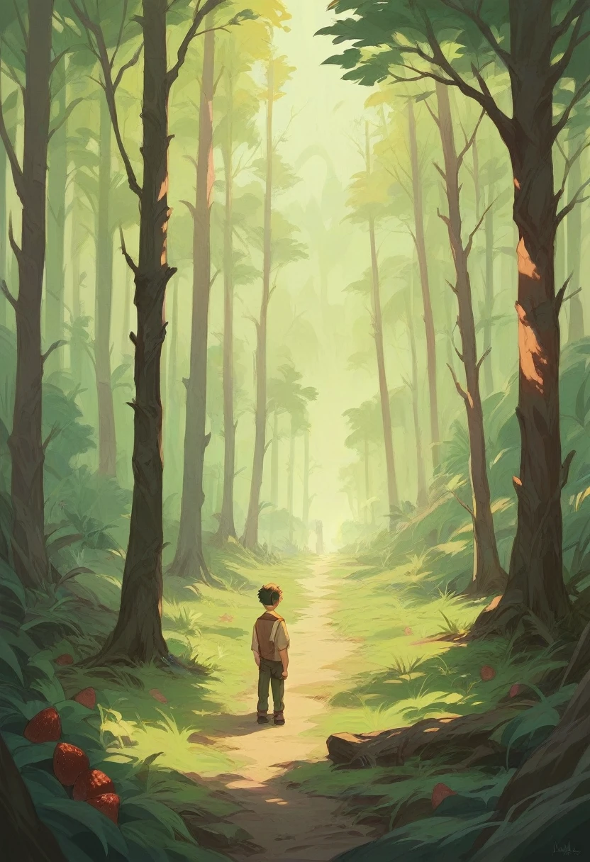 Forest glade where ripe strawberries grow, young dense spruce trees stand nearby