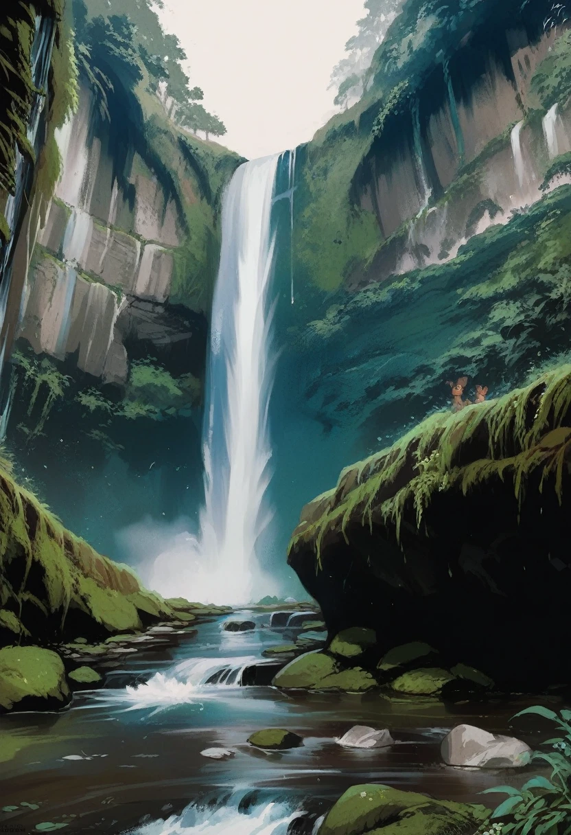 A waterfall and some cute animals