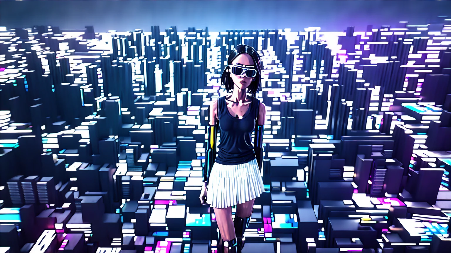 Cyberpunk female plagiarist immersed in digital theft, neon-lit alias within a vast online labyrinth, grotesque grunge brushing into surrealism, illuminated by kaleidoscopic volumetric light, a detailed masterpiece reminiscent of Moebius' distinctive style, deep focus, heightened depth field, psychedelic undertones amplified in a cinematic shot, (((((aerial view of cyberpunk city at night))))), (((((1girl, solo, alone))))), photo realistic, (((((large-breast:1.4 slim body, cleavage:1.4))))), (((off broken mini sling-shirt and black sling bra, (((extreamly short white pleated miniskirt, micro panty)))))), (((((running pose))))), (((((((matrix style black micro sunglasses))))))), ((((((((((aiming with a short gun)))))))))), (((((looking at camera))))), (((very low view))), (((((half-body thigh level medium shot))))), (((cinematic lighting))), (zoom in):1.2 with blur effect at the background.
