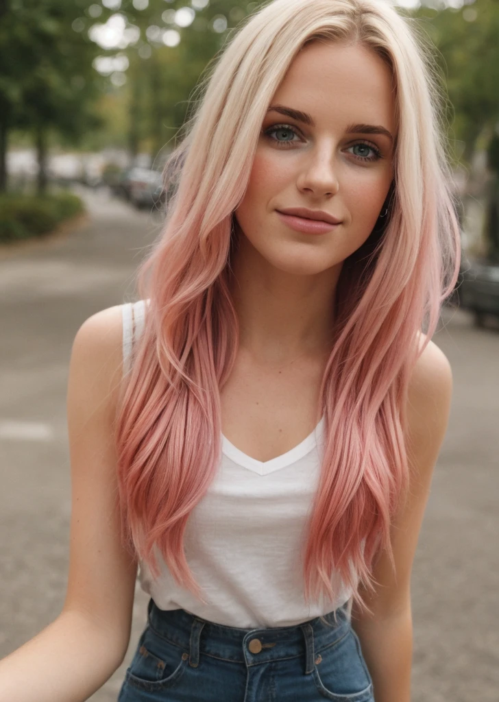 taken with iphone camera BREAK medium shot selfie of a pretty young woman BREAK (ombre:1.3) blonde pink BREAK film grain, medium quality