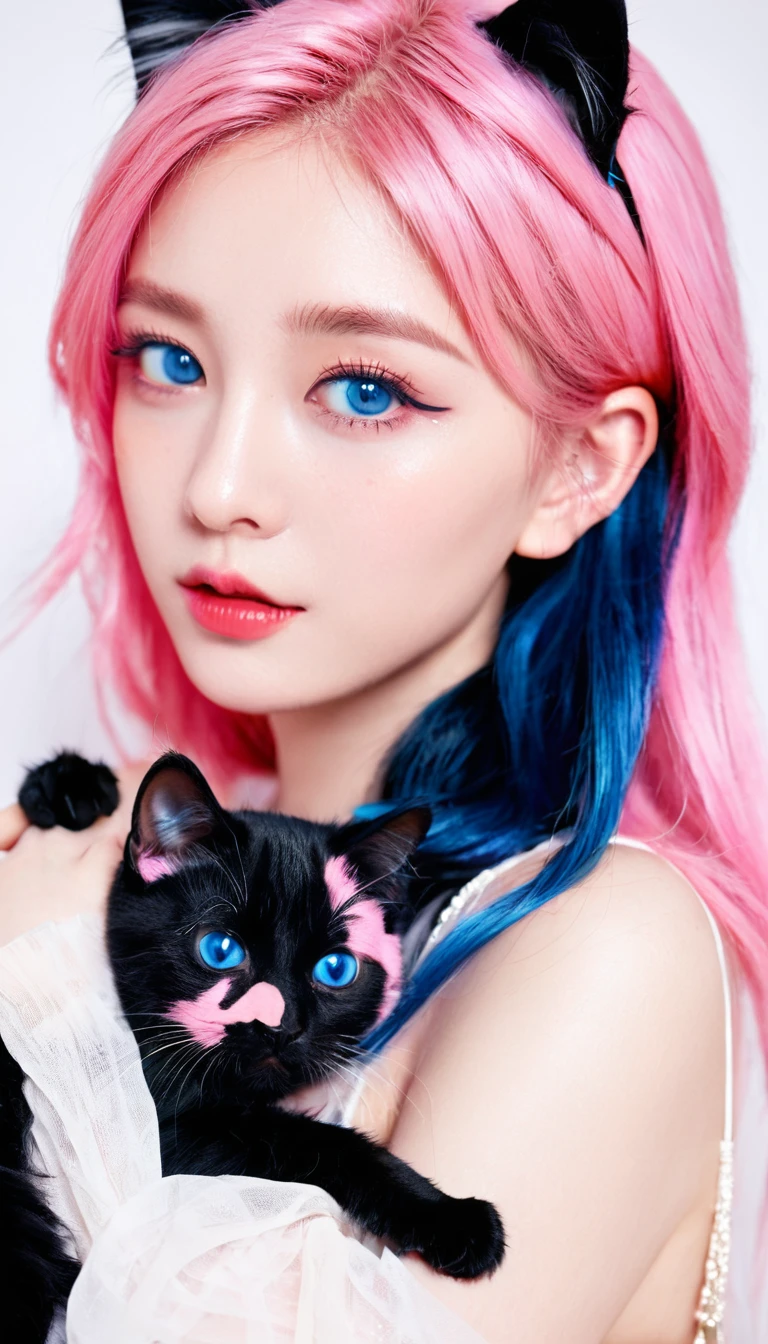 Girl with cat, Black Cat, Pink Hair，Blue Eyes, avatar