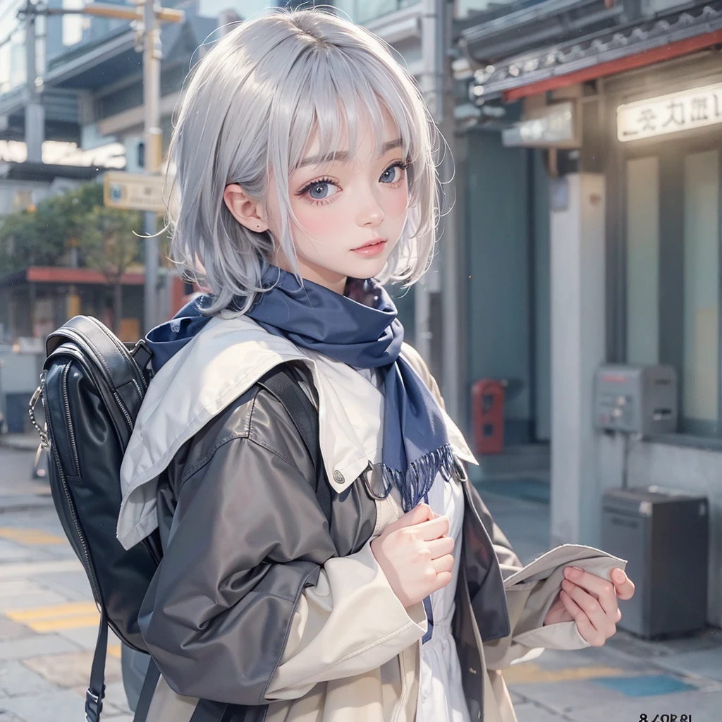 (masterpiece:1.3), (8K, Realistic, RAW Photos, Best image quality: 1.4), Sunburned woman、short hair、Highly detailed face、Attention to detail、double eyelid、Sharp focus:1.2、Beautiful woman:1.4、Silvery white hair、Highest quality、masterpiece、Ultra-high resolution、(Realistic:1.4)、Highly detailed and professionally lit smiles、Loose, Light, Wear a Japan high school uniform:1.5、Navy blue scarf、 One person、Have a school bag