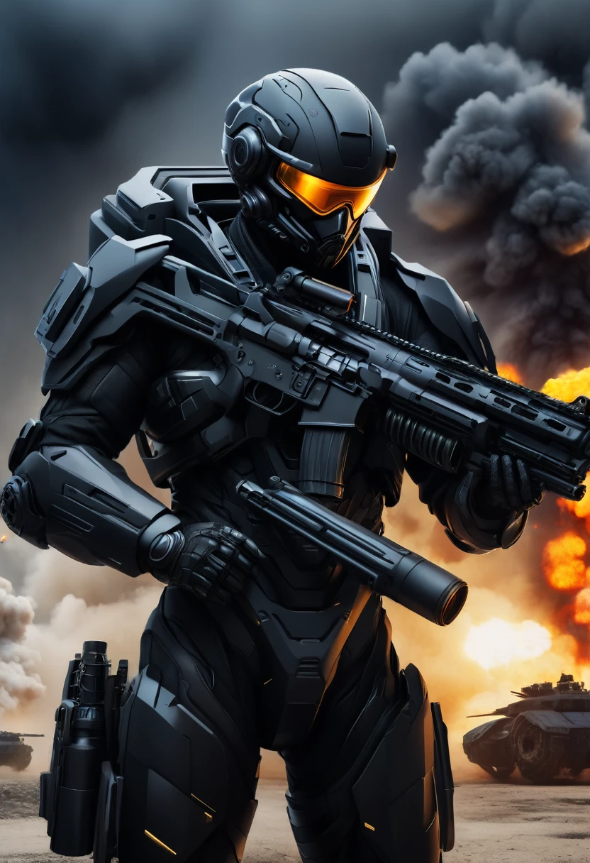 Draw a special forces soldier in a futuristic ultra-modern black matte exoskeleton suit, full length, without unnecessary people and characters in the frame, the figure of a fighter holds in his hands an ultra-modern weapon in the form of a futuristic machine gun in both hands, is in the middle of the frame and goes straight, In the background there is a factory and a military base , explosions Style realistic photo, deep detail