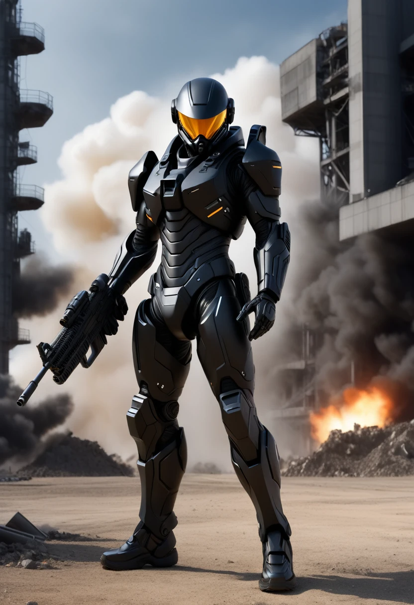 Draw a special forces soldier in a futuristic ultra-modern black matte exoskeleton suit, full length, without unnecessary people and characters in the frame, the figure of a fighter holds in his hands an ultra-modern weapon in the form of a futuristic machine gun in both hands, is in the middle of the frame and goes straight, In the background there is a factory and a military base , explosions Style realistic photo, deep detail