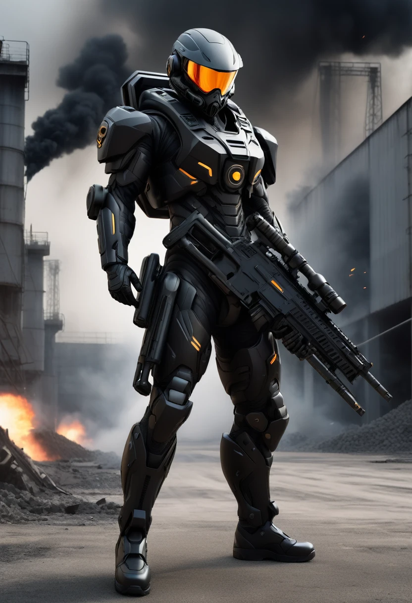 Draw a special forces soldier in a futuristic ultra-modern black matte exoskeleton suit, full length, without unnecessary people and characters in the frame, the figure of a fighter holds in his hands an ultra-modern weapon in the form of a futuristic machine gun in both hands, is in the middle of the frame and goes straight, In the background there is a factory and a military base , explosions Style realistic photo, deep detail