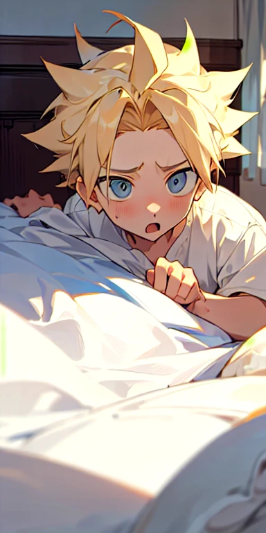 A woman with red hair and green eyes. and has light freckles *manhua* *boku no hero academia*
They are both naked
her boyfriend is big
They lie on the bed but the girl sits on Katsuki's dick
katsuki Bakugo blonde and red eyed and he is a man