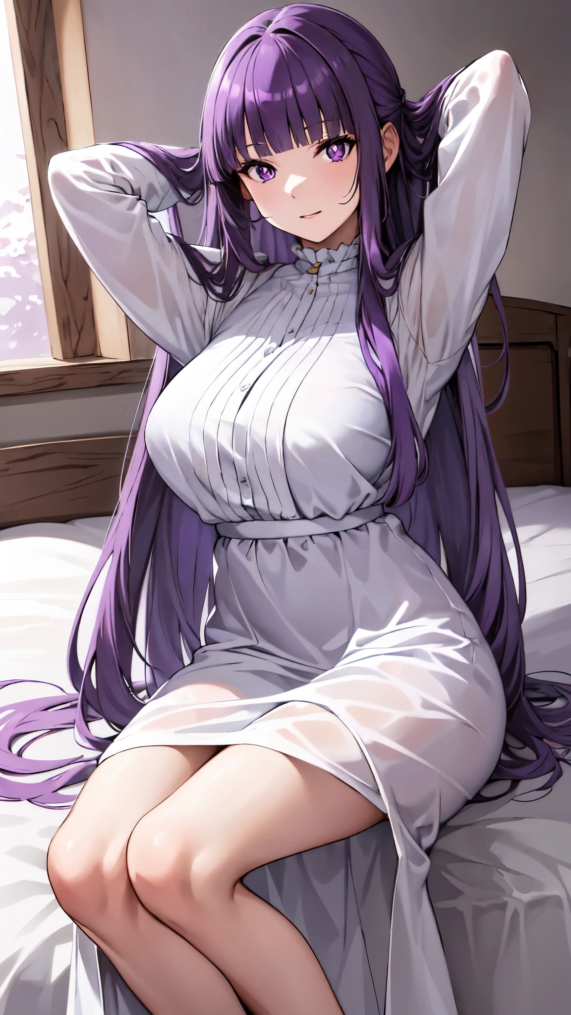 masterpiece, Highest quality, High resolution, Arfern, Long Hair, Purple Hair, Blunt bangs, Purple eyes, Large Breasts, Long dress, White Dress, Long sleeve, Sitting,arms behind head, Bedroom, Cowboy Shot,