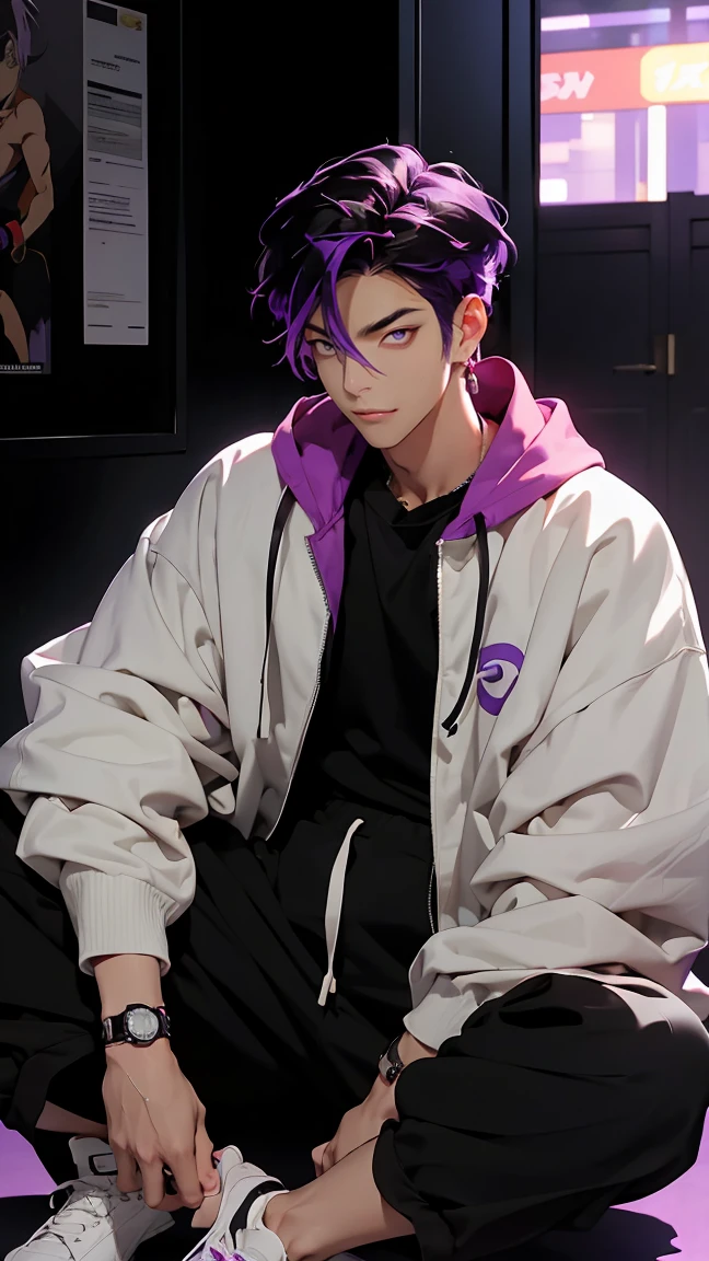 highest quality, 8K, high resolution image, anime style Jujutsu Kaisen, (Iori_suiseki), detailed strokes, bored look , blurred, purple light reflecting from it, 1 man, young, male, model, hand in pocket, cool guy, multicolored Background with various geometric shapes, around stickers, muscular,Black hair, purple eyes, multicolored hair, purple hair, hair between eyes, highlighted hair ,swollen chest, naked torso, black jogging suit jacket, black jogging suit trousers, Background: big City, he's in a sports station, there are sports fans everywhere, He is sitting on the floor leaning against the wall with a bottle in his hand