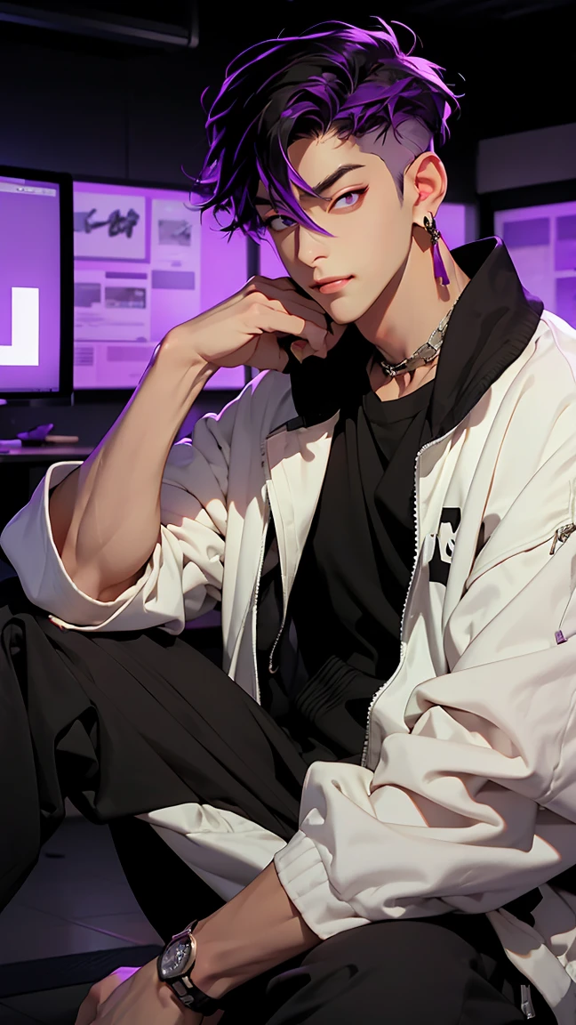 highest quality, 8K, high resolution image, anime style Jujutsu Kaisen, (Iori_suiseki), detailed strokes, bored look , blurred, purple light reflecting from it, 1 man, young, male, model, hand in pocket, cool guy, multicolored Background with various geometric shapes, around stickers, muscular,Black hair, purple eyes, multicolored hair, purple hair, hair between eyes, highlighted hair ,swollen chest, naked torso, black jogging suit jacket, black jogging suit trousers, Background: big City, he's in a sports station, there are sports fans everywhere, He is sitting on the floor leaning against the wall with a bottle in his hand