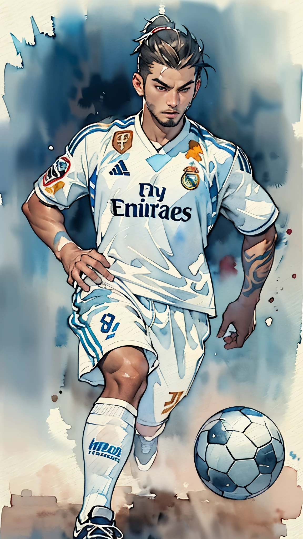 (masterpiece:1.2, Highest quality),(Very detailed),(((watercolor))),8K,wallpaper,(Real Madrid uniform),(Soccer Shoes),26 years old,Black man,Dribbling,(((front))),(((whole body:1.5))),(Serious),((Detailed hand drawing)),(((透明watercolor:1.3))),(((Dynamic Dribble)))