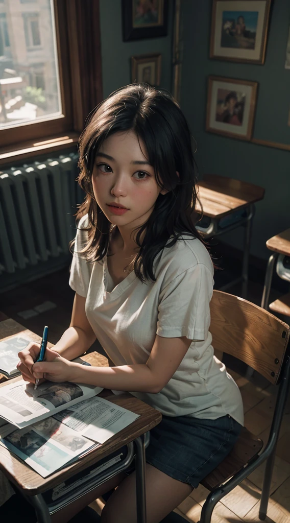 (RAW Photos, Highest quality), (Realistic, photo-Realistic:1.3),Highest quality,Very detailed,masterpiece,Very detailedな,shape,One Girl,full_body,Dynamic Angle,world masterpiece theater,Messy_length_hair,Highest quality,Very detailed CG ユニティ 8k 壁紙,ink,wonderful,Cinema Lighting,lens_Flare, Dunhuang_style, In the classroom