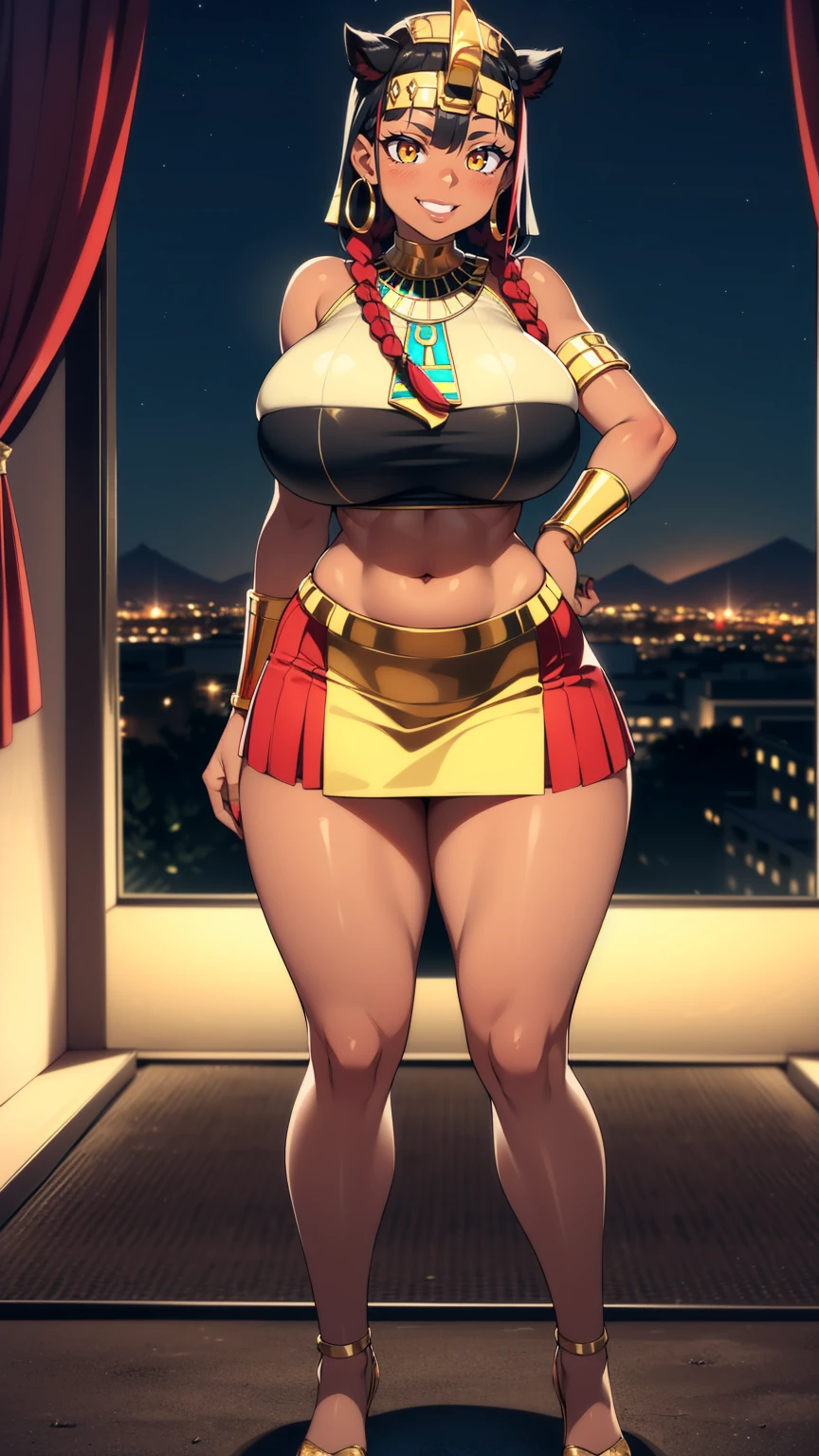 4K Quality, grinning, sexy pose, (black and gold egyptian crop top and skirt), standing up, ((black and red braids)), (dark skinned), thick thighs, big breasted, big ass, looking at viewer, amber eyes, night time, bedroom eyes, full body, egyptian city background, perfect face, perfect body, perfect eyes,