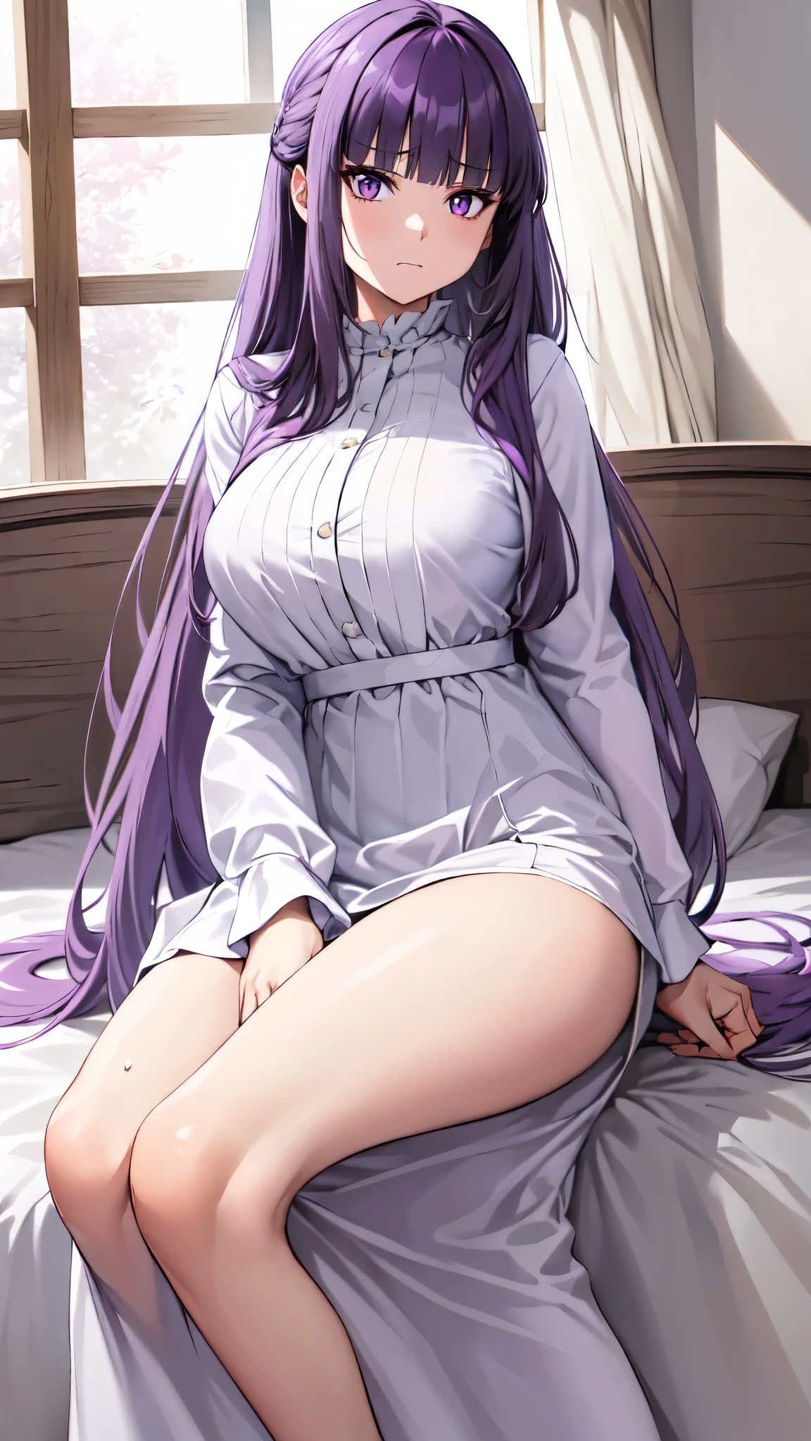 masterpiece, Highest quality, High resolution, Arfern, Long Hair, Purple Hair, Blunt bangs, Purple eyes, Large Breasts, Long dress, White Dress, Long sleeve, Sitting,arms behind head, Bedroom, Angry face,Cowboy Shot,